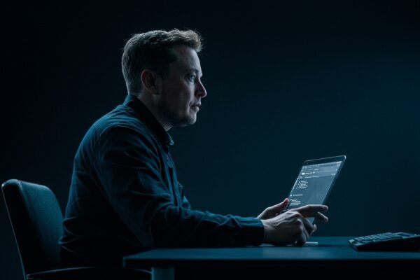 A stylized depiction of AI algorithms, legal gavels, and technology company logos representing the AI competitive landscape and antitrust concerns.