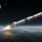 An illustration of a reusable rocket launching into space, symbolizing deep tech investment and India's growing space economy, with the Omspace Rocket logo subtly integrated.