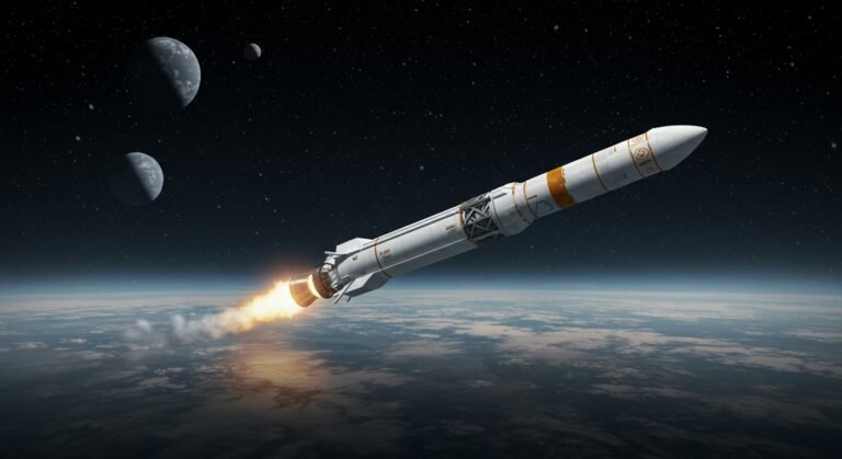 An illustration of a reusable rocket launching into space, symbolizing deep tech investment and India's growing space economy, with the Omspace Rocket logo subtly integrated.