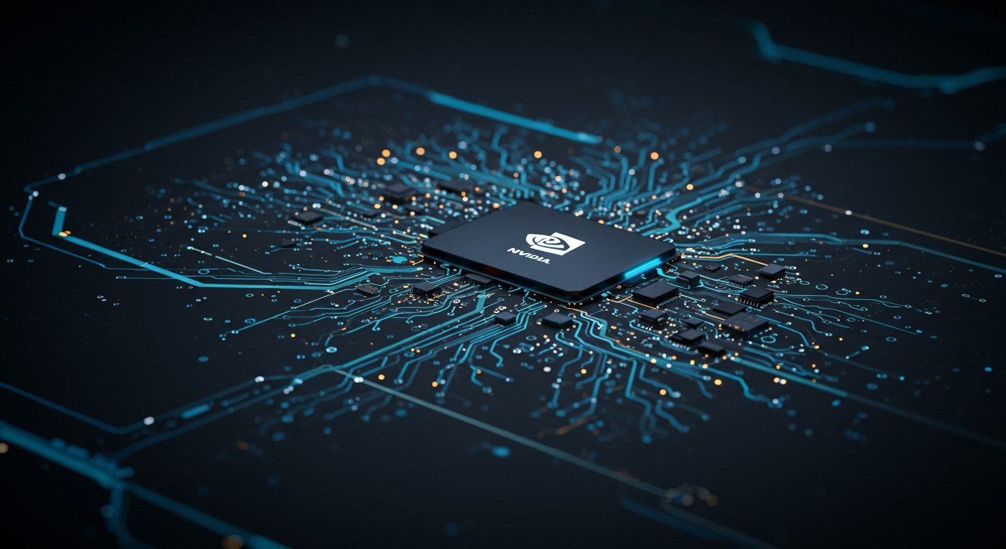 Close-up of a sophisticated Nvidia RTX Pro server chip, glowing with data, symbolizing advanced enterprise AI automation.