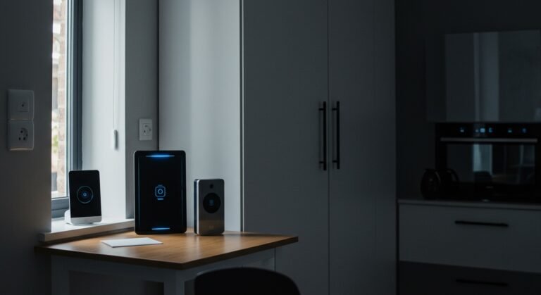 A conceptual image illustrating a seamlessly integrated AI-Driven Smart Living environment, with holographic interfaces and sustainable elements.