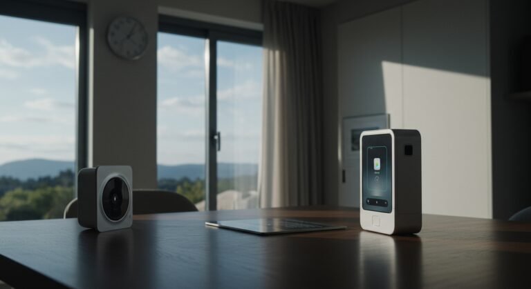 A stylized graphic showing interconnected smart home devices with AI icons and the Matter logo, representing Smart Living Interoperability and AI Integration.