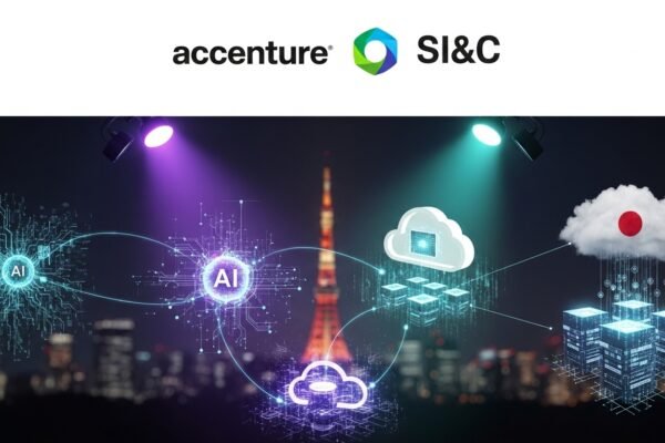A graphic depicting Accenture and SI&C logos merging, with keywords like AI, Cloud, and Data Transformation, against a backdrop of the Tokyo skyline, symbolizing the strategic expansion into Japan.