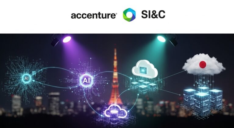 A graphic depicting Accenture and SI&C logos merging, with keywords like AI, Cloud, and Data Transformation, against a backdrop of the Tokyo skyline, symbolizing the strategic expansion into Japan.
