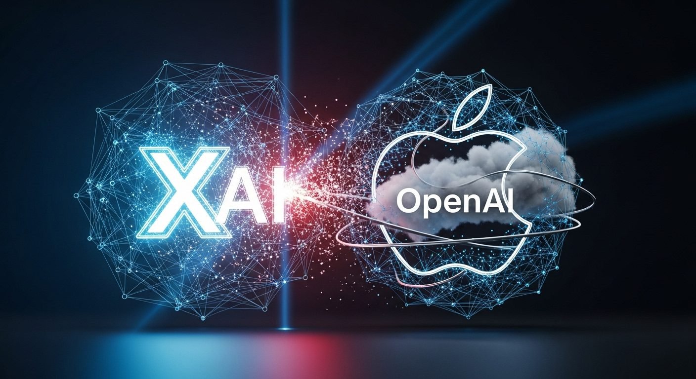 Illustration depicting a legal gavel striking down on a stylized Apple logo and OpenAI logo, with xAI's Grok chatbot icon in the background, representing the antitrust lawsuit.