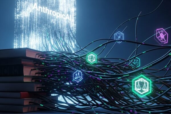 A stylized image representing data flows and legal documents, with 'Anthropic' and 'Copyright' keywords.