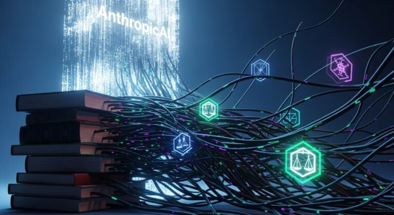 A stylized image representing data flows and legal documents, with 'Anthropic' and 'Copyright' keywords.