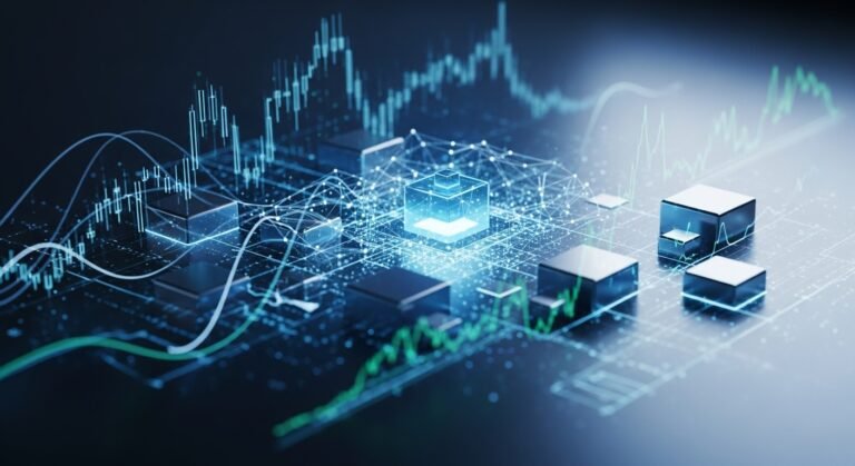 Image illustrating economic data flowing onto a blockchain ledger, representing the U.S. GDP data on blockchain.