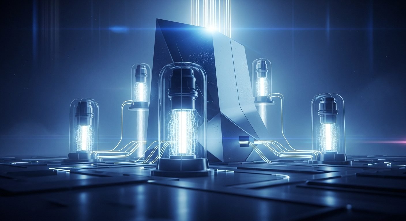 Small modular nuclear reactor (SMR) model with an Amazon Web Services (AWS) data center in the background, symbolizing the strategic partnership for AI power.