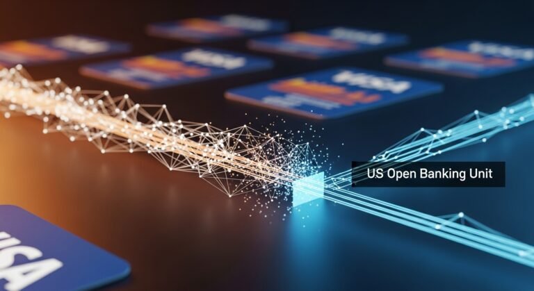 A stylized image representing data flows and financial institutions, with the Visa logo overlaid, suggesting a shift in strategy within the open banking sector. Primary Keyword: Visa Open Banking.