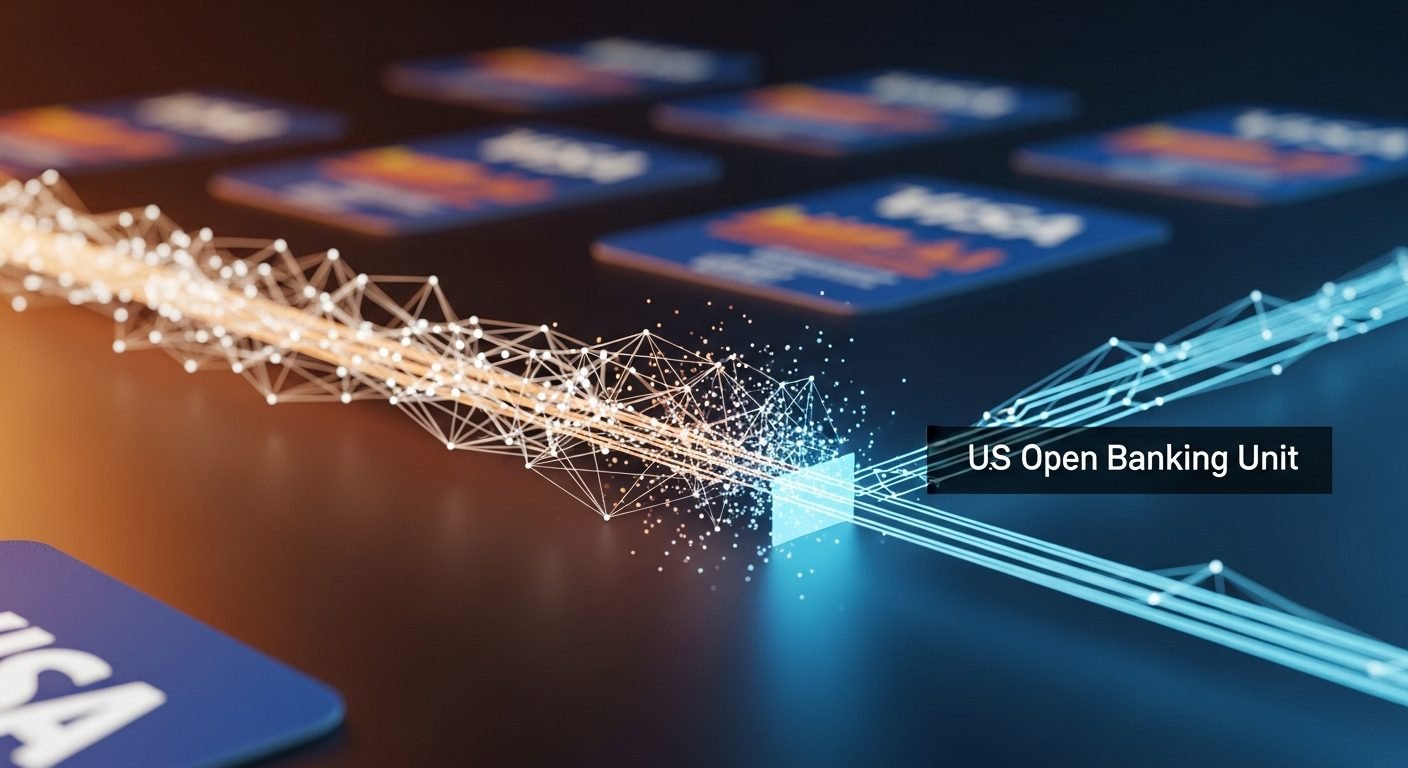 A stylized image representing data flows and financial institutions, with the Visa logo overlaid, suggesting a shift in strategy within the open banking sector. Primary Keyword: Visa Open Banking.