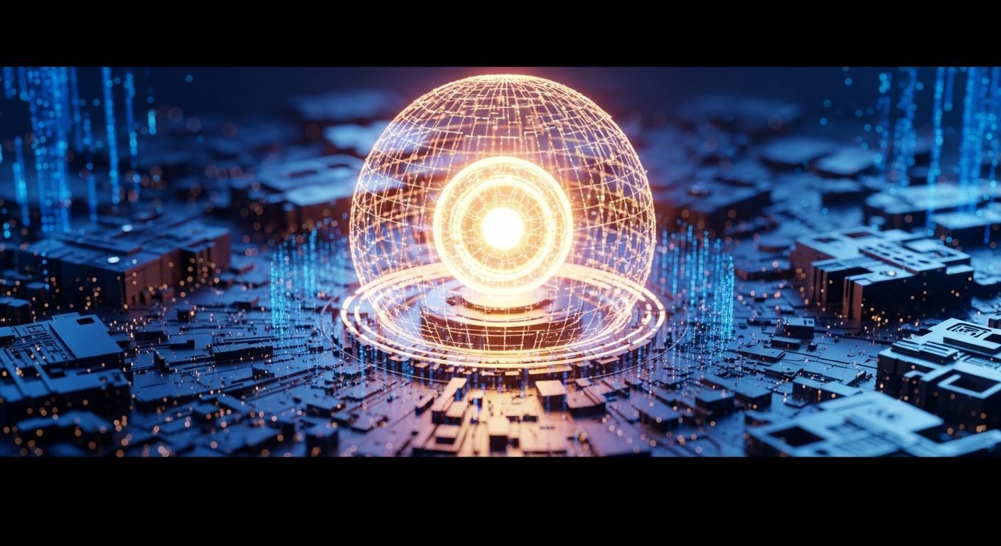 A conceptual image showing glowing nuclear reactors connected by energy flows to abstract representations of AI data centers, symbolizing the fusion of atomic energy and artificial intelligence.