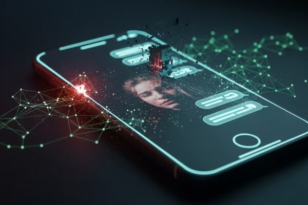 A stylized image of a chatbot interface interacting with a silhouette of a teenager, with warning signs overlaid, representing the dangers of AI for youth. Primary Keyword: Instagram AI Chatbot.