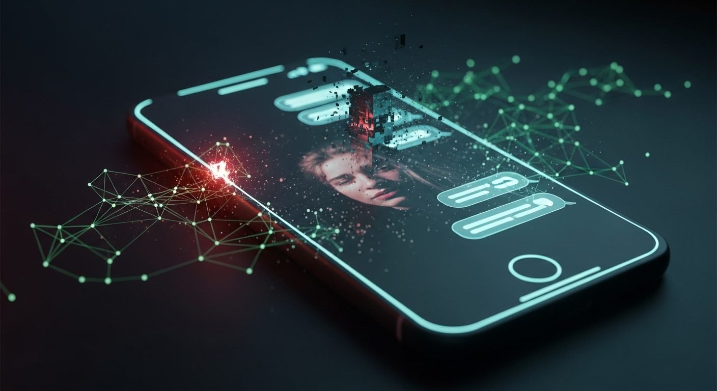 A stylized image of a chatbot interface interacting with a silhouette of a teenager, with warning signs overlaid, representing the dangers of AI for youth. Primary Keyword: Instagram AI Chatbot.