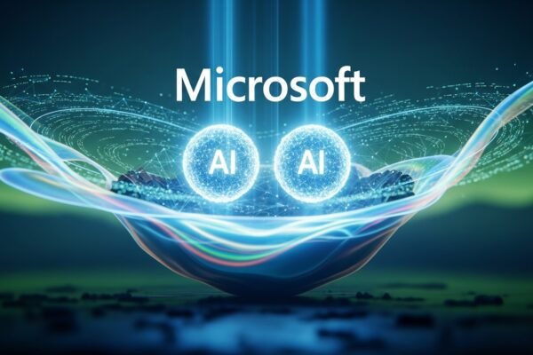 A conceptual image illustrating Microsoft's in-house AI models, MAI-Voice-1 and MAI-1-preview, representing autonomy and innovation in artificial intelligence.