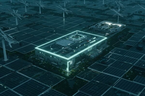 A vibrant illustration depicting various green technologies like wind turbines, solar panels, and electric vehicles integrated into a futuristic smart city, symbolizing the future of Green Tech.