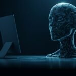 A fractured image of a businessperson looking at an AI interface, symbolizing the "GenAI Divide" and lack of ROI.