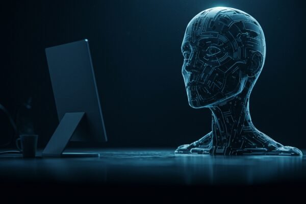 A fractured image of a businessperson looking at an AI interface, symbolizing the "GenAI Divide" and lack of ROI.