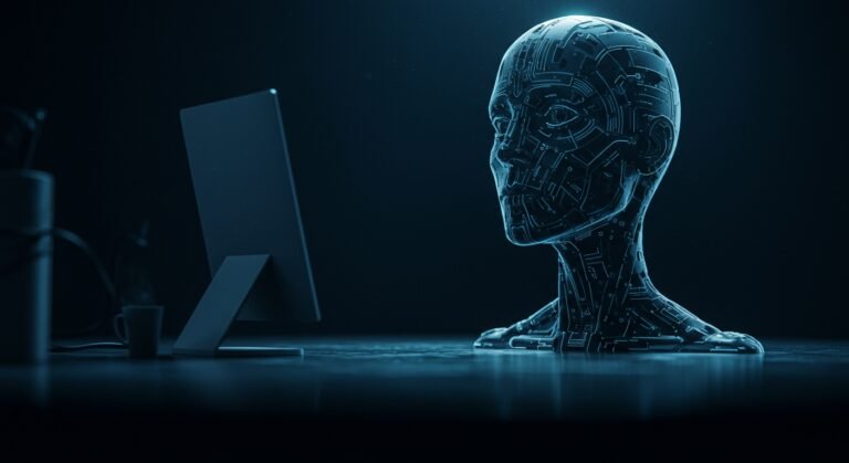 A fractured image of a businessperson looking at an AI interface, symbolizing the "GenAI Divide" and lack of ROI.