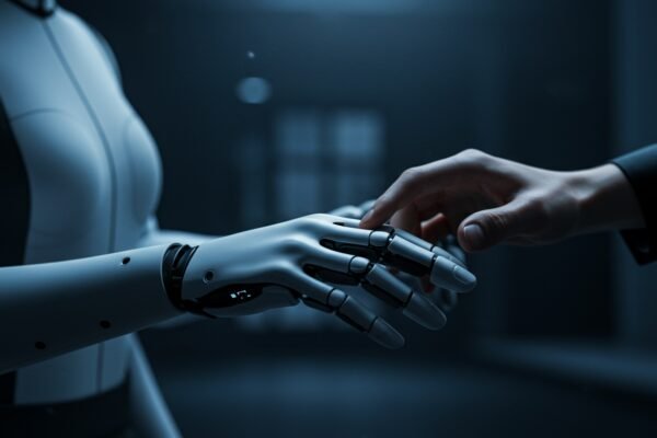 A conceptual image of AI agents collaborating with human workers in a modern office, symbolizing Agentic AI's role in business.