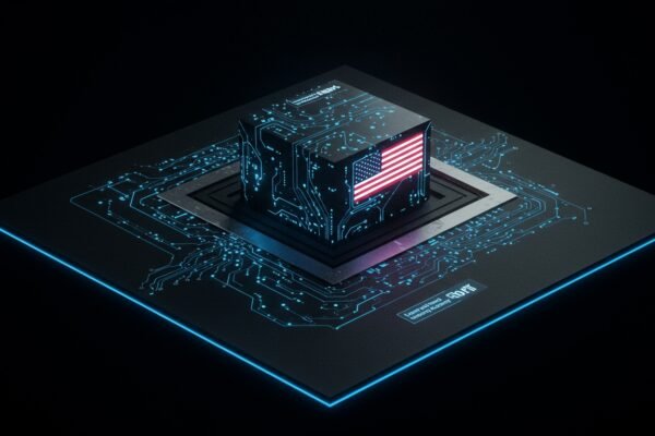 A silhouette of a large tech company building against a backdrop of intertwining regulatory documents, symbolizing the push against US AI regulation.