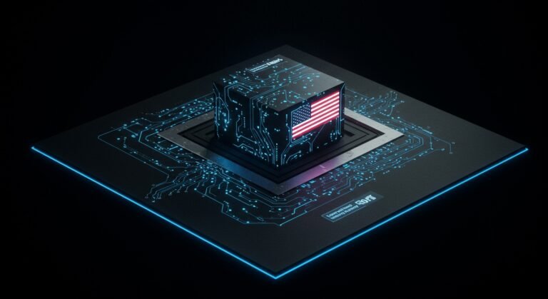A silhouette of a large tech company building against a backdrop of intertwining regulatory documents, symbolizing the push against US AI regulation.