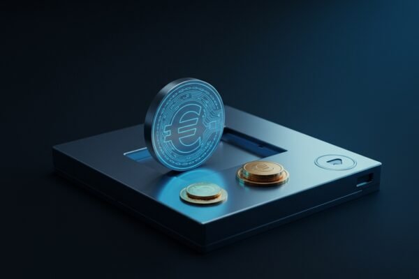 A person holding a smartphone displaying a digital euro symbol, with small business storefronts in the background, illustrating the EU Digital Euro Consumer & Small Business Impact.