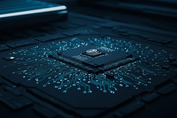 A conceptual image of a microchip with a US flag overlay, representing the US government's stake in Intel and state-backed semiconductor innovation.