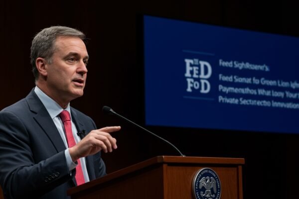 A person using a mobile payment app, with digital currency symbols floating around, representing the Federal Reserve's push for digital payment innovation and its consumer impact.