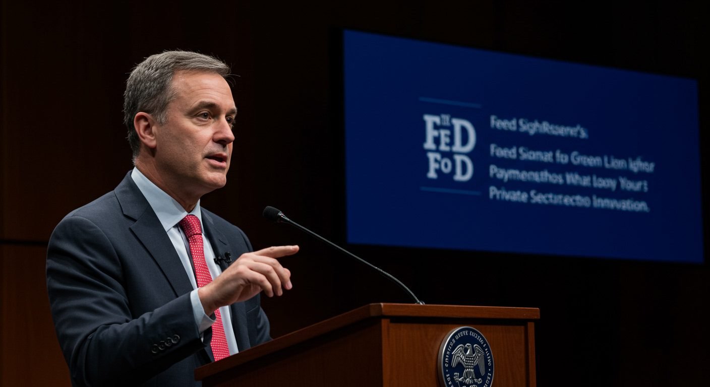 A person using a mobile payment app, with digital currency symbols floating around, representing the Federal Reserve's push for digital payment innovation and its consumer impact.