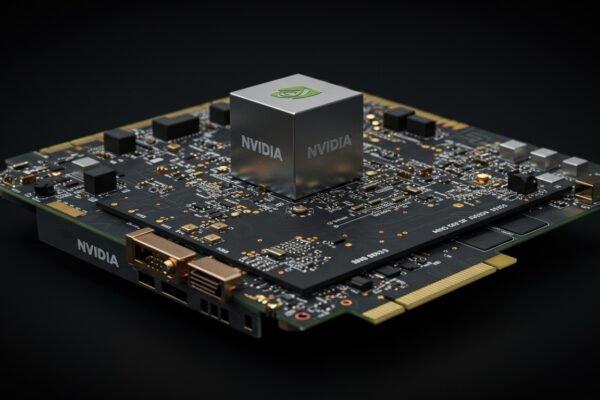 Nvidia Blackwell B30A AI chip being held, with a blurred map of China in the background, symbolizing Nvidia China AI Chip Strategy.