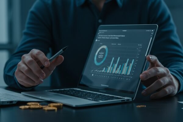 A small business owner smiling while reviewing financial data on a tablet, with AI-powered features visually represented around the screen.