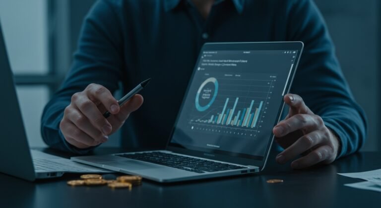 A small business owner smiling while reviewing financial data on a tablet, with AI-powered features visually represented around the screen.