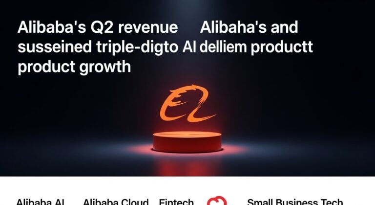 A graphic depicting cloud computing and artificial intelligence, with the Alibaba logo subtly integrated, representing the intersection of AI and cloud services. The image emphasizes the practical applications for consumers and small businesses.