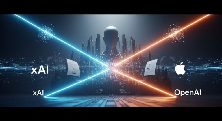 A conceptual image showing intertwined gears labeled 'AI', 'Apple', 'OpenAI', and 'xAI' with legal gavels in the background, symbolizing the antitrust and trade secret lawsuits shaping the future of artificial intelligence.