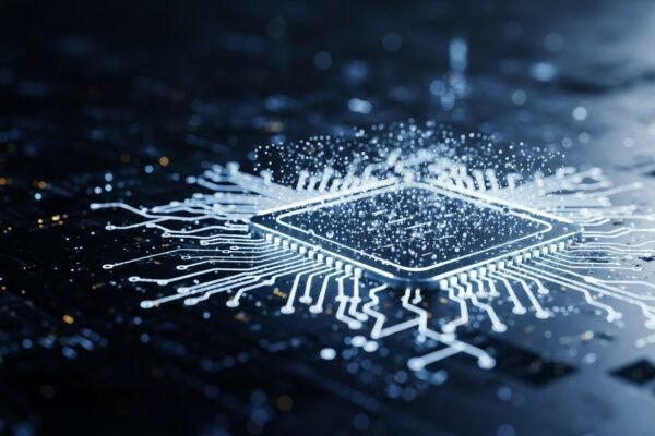 A close-up of a silicon quantum chip with glowing blue connections, representing Quantum Motion's industry-first silicon CMOS quantum computer delivered to the NQCC.