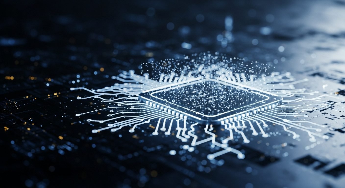A close-up of a silicon quantum chip with glowing blue connections, representing Quantum Motion's industry-first silicon CMOS quantum computer delivered to the NQCC.