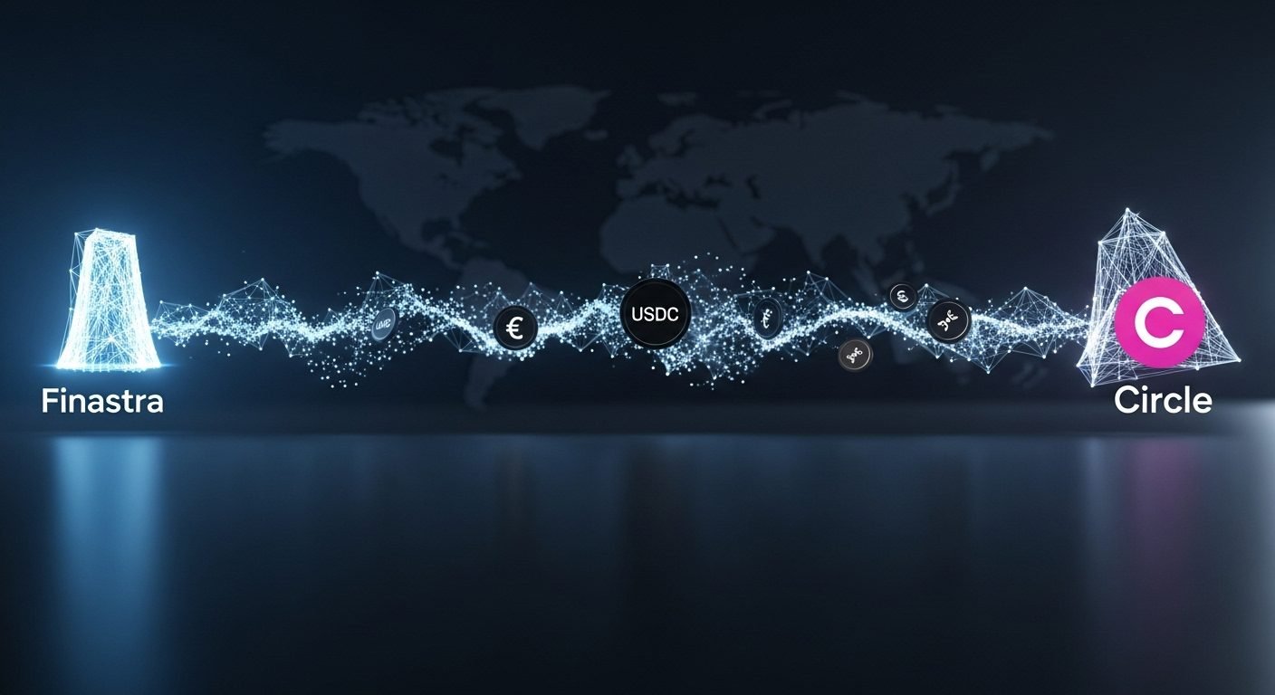 An illustration of fast digital payments flowing across global lines, representing Finastra and Circle's stablecoin cross-border payments collaboration with USDC.