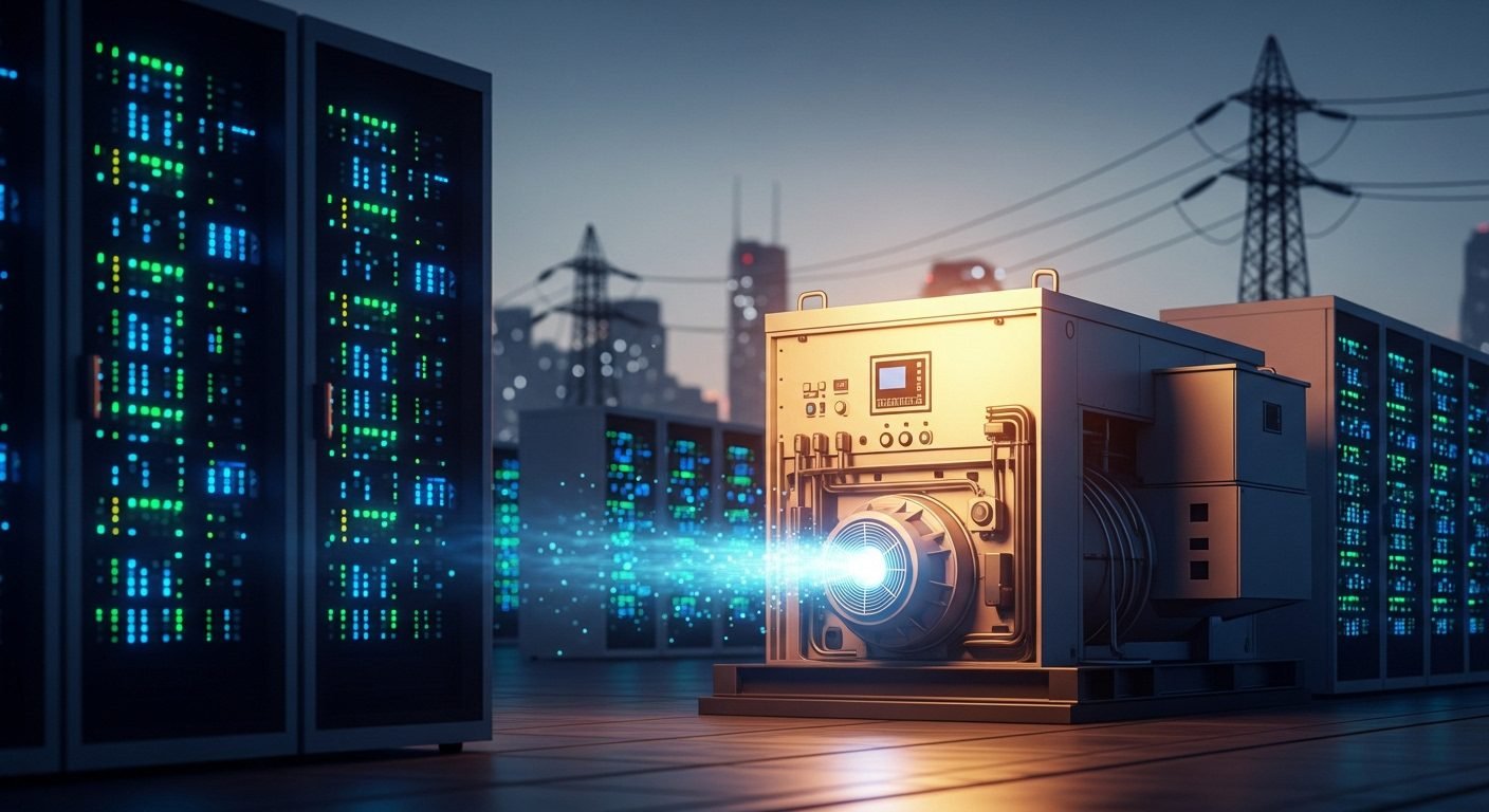 An illustration showing a modern data center facility powered by large gas generators against a backdrop of a strained electrical grid, symbolizing the energy challenges faced by tech giants like Microsoft in emerging markets.