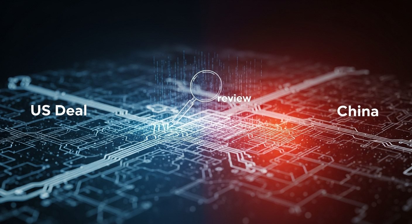 A stylized illustration representing the TikTok logo intertwined with a circuit board, symbolizing the TikTok technology export deal between the US and China.