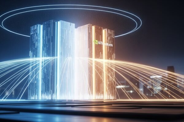 A futuristic data center glowing with blue light, symbolizing advanced AI infrastructure and investment in the UK.