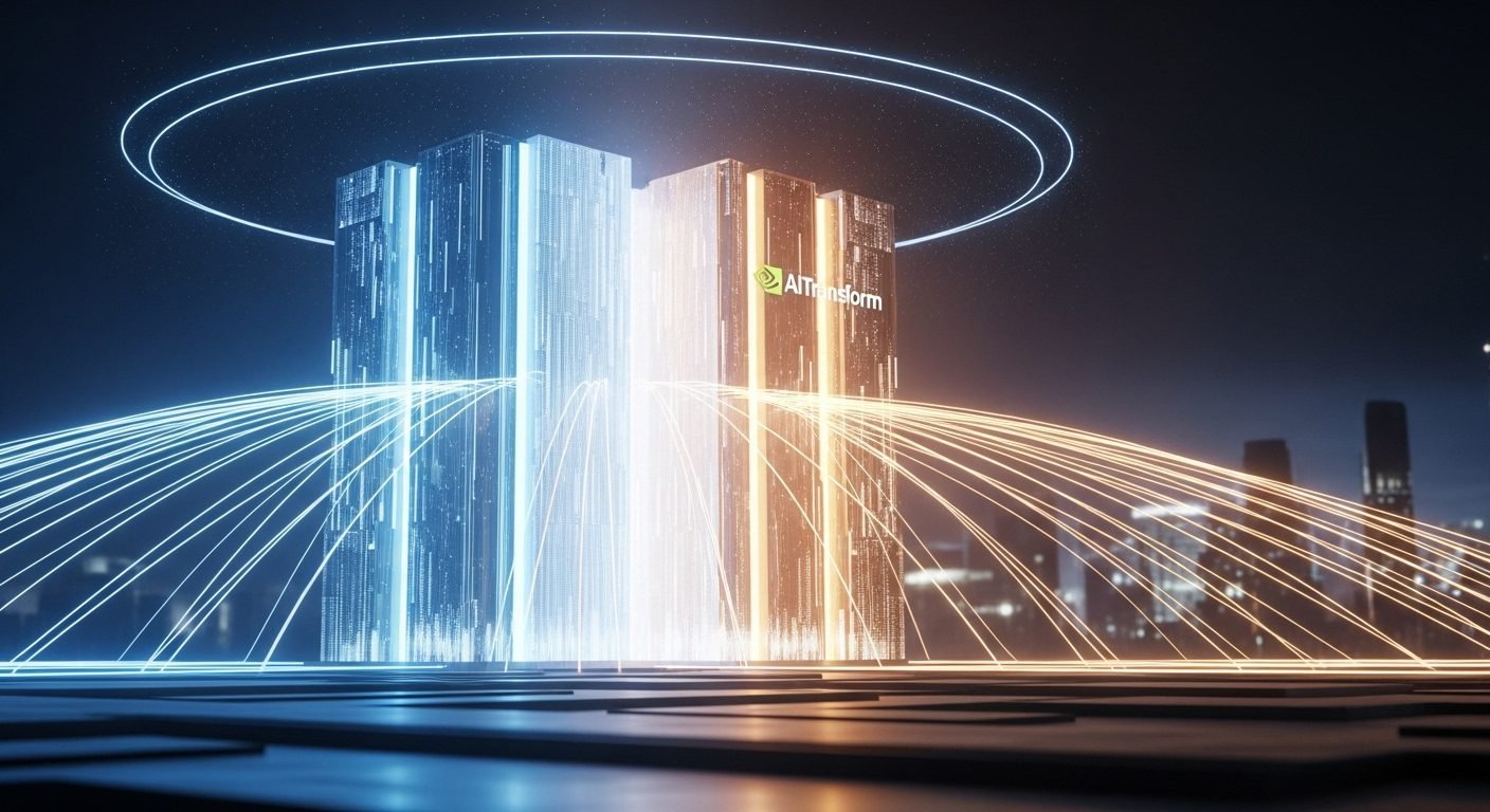 A futuristic data center glowing with blue light, symbolizing advanced AI infrastructure and investment in the UK.