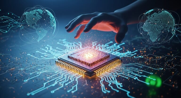 A stylized image of Huawei's Ascend AI chip with data streams, symbolizing technological independence and advanced computing power.