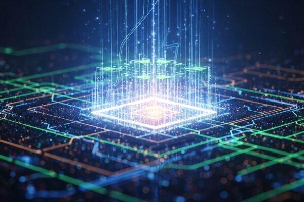 A conceptual image of Huawei's high-performance Atlas SuperPoD and SuperCluster AI computing infrastructure, with glowing circuits and data streams.