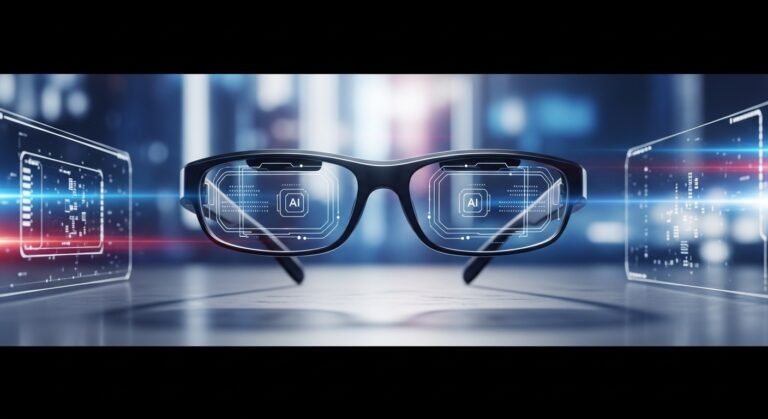 Futuristic smart glasses with AI visual overlays, symbolizing potential innovations from Meta Connect 2025