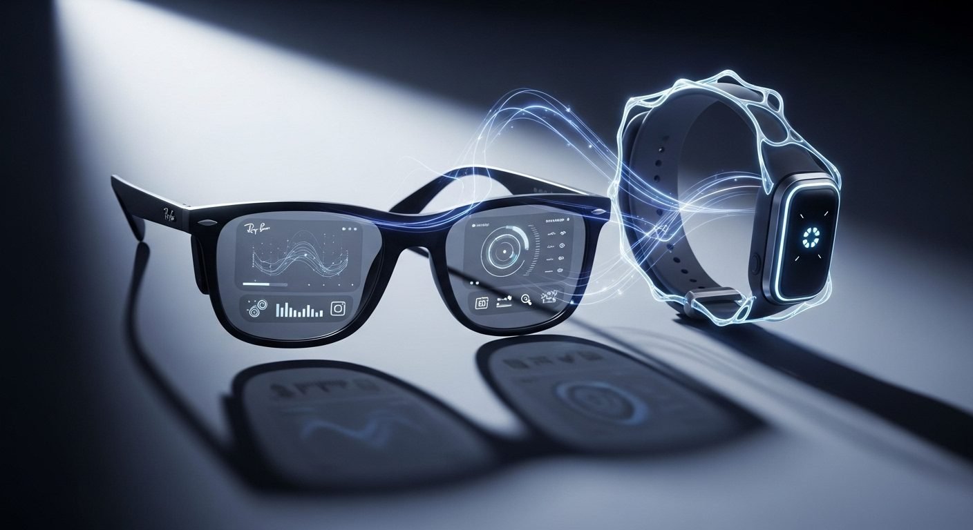 Close-up of Meta Ray-Ban Display smart glasses with a subtle heads-up display glowing in the lens, next to a person wearing a Meta Neural Band on their wrist.