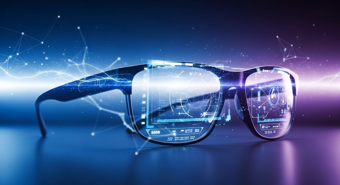 A close-up of Meta Ray-Ban Display smart glasses with a subtle digital overlay, hinting at augmented reality capabilities.