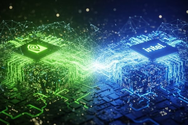 Two chip manufacturers, Nvidia and Intel, merging their technological expertise to create advanced AI and computing solutions.
