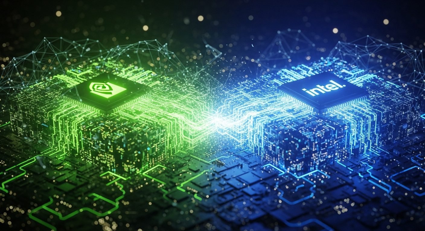 Two chip manufacturers, Nvidia and Intel, merging their technological expertise to create advanced AI and computing solutions.