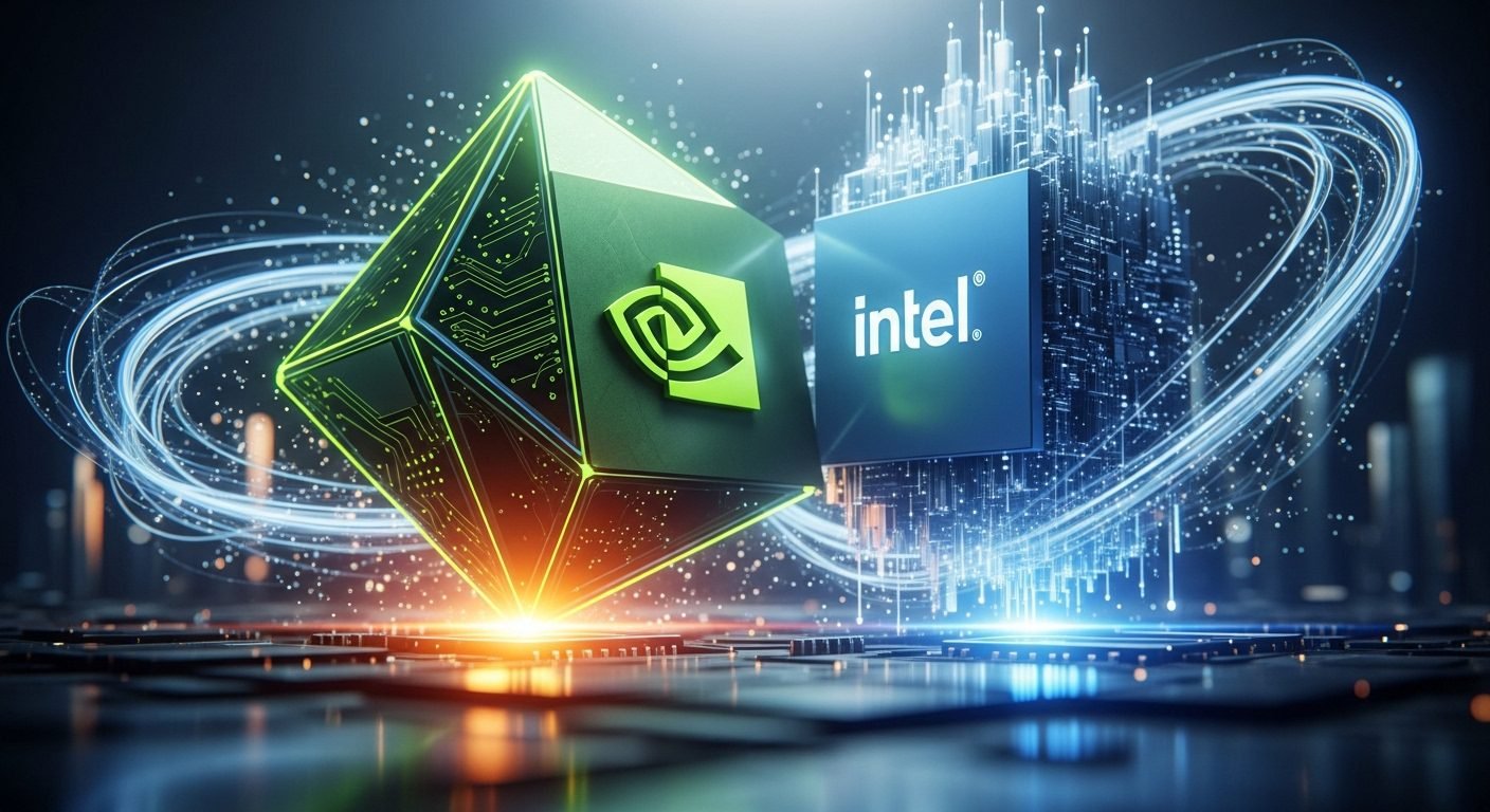 Nvidia and Intel logos side-by-side, symbolizing their new strategic partnership and $5 billion investment.